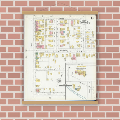 Old map wall art mockup — magnetic wood frame on brick wall — Sanborn Fire Insurance Map from Canandaigua, Ontario County, New York (1904), Sheet #0011