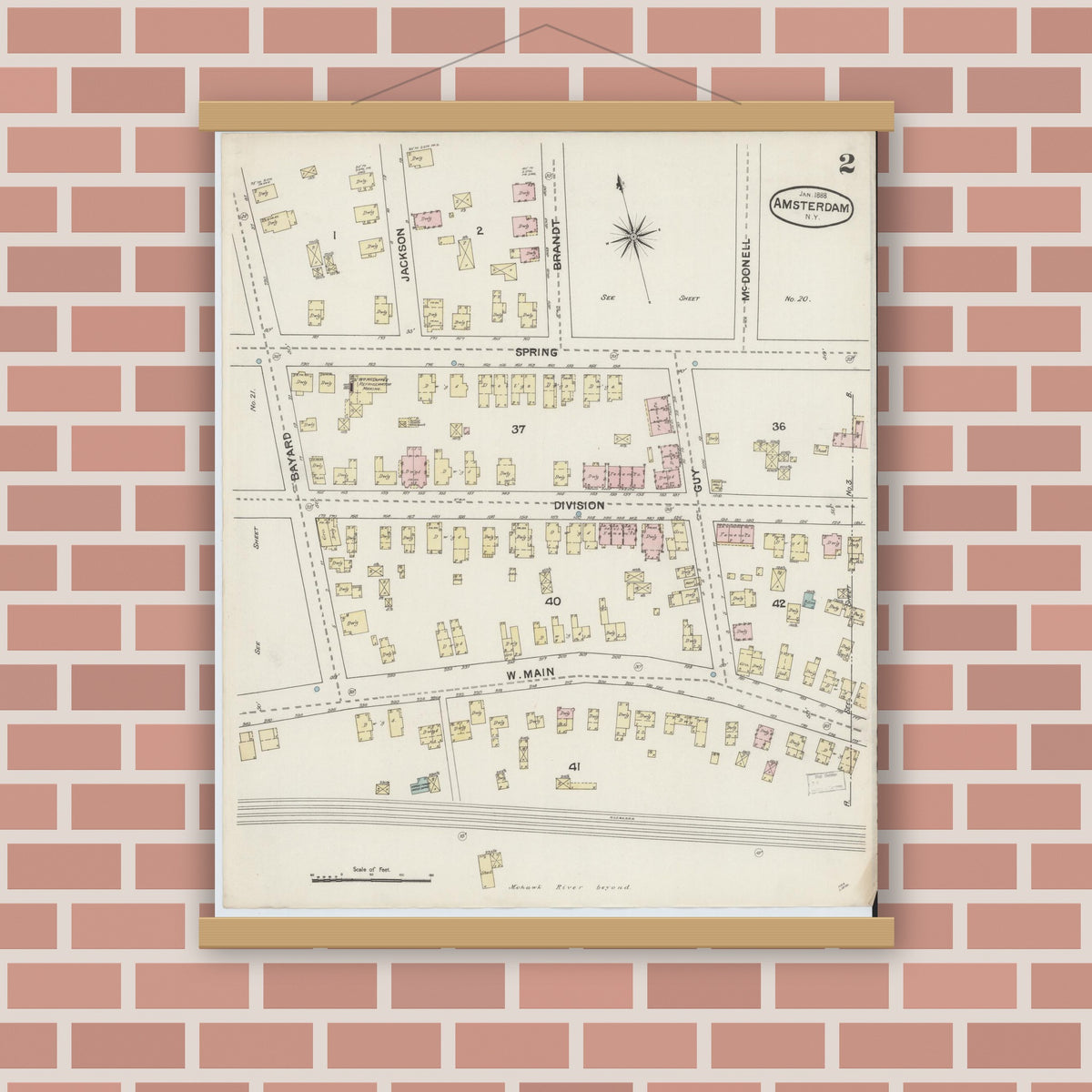 Old map wall art mockup — magnetic wood frame on brick wall — Sanborn Fire Insurance Map from Amsterdam, Montgomery County, New York (1888) - Complete Map Set