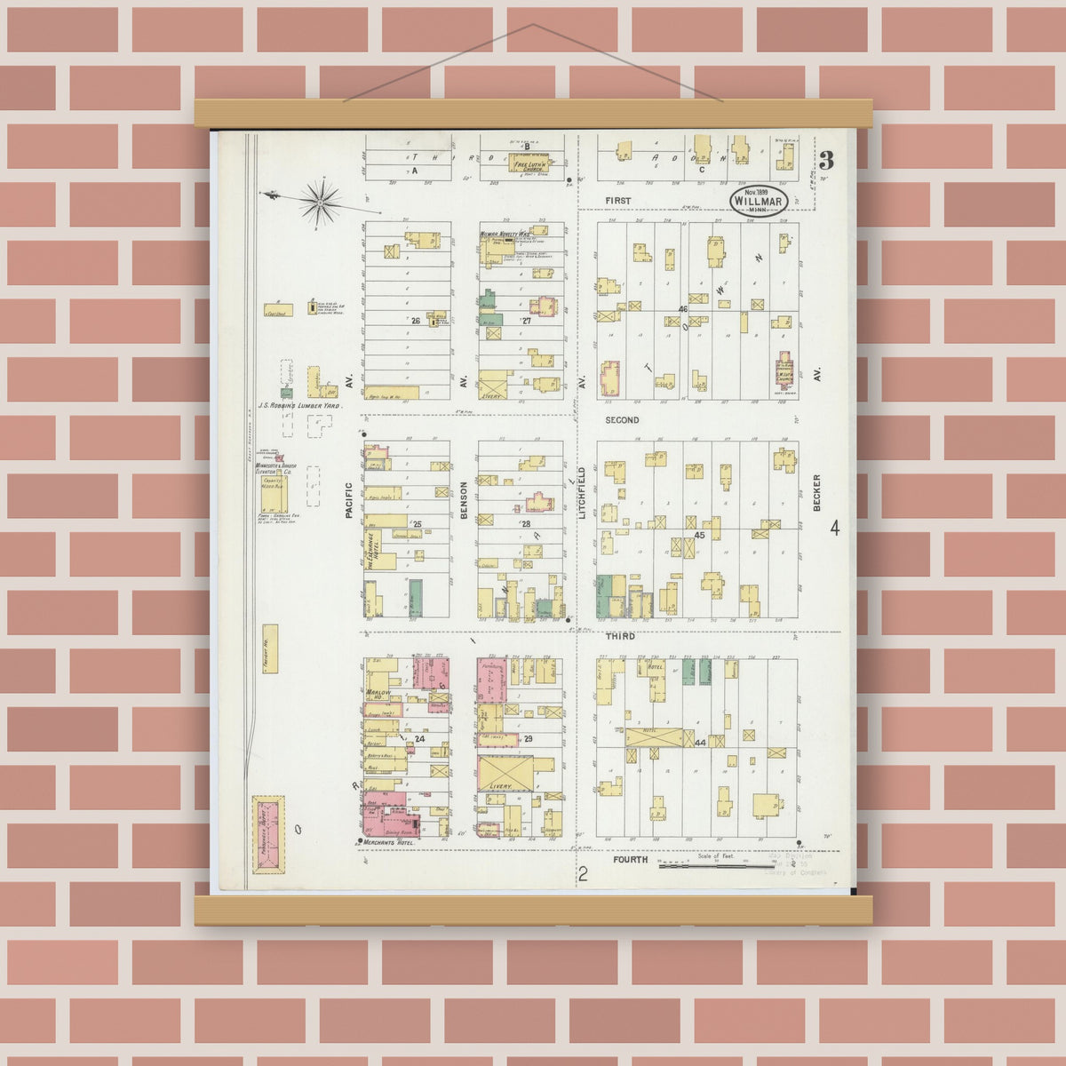 Old map wall art mockup — magnetic wood frame on brick wall — Sanborn Fire Insurance Map from Willmar, Kandiyohi County, Minnesota (1899), Sheet #0003