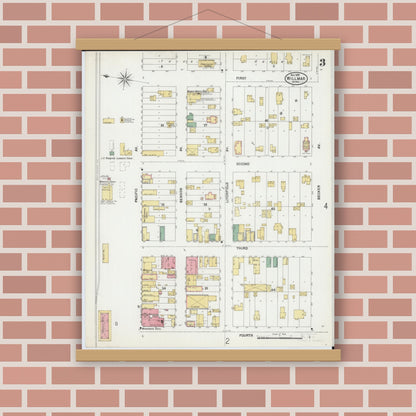 Old map wall art mockup — magnetic wood frame on brick wall — Sanborn Fire Insurance Map from Willmar, Kandiyohi County, Minnesota (1899), Sheet #0003
