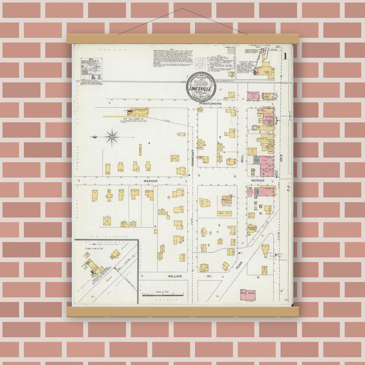 Old map wall art mockup — magnetic wood frame on brick wall — Sanborn Fire Insurance Map from Linesville, Crawford County, Pennsylvania (1904) - Complete Map Set