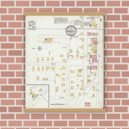 Old map wall art mockup — magnetic wood frame on brick wall — Sanborn Fire Insurance Map from Linesville, Crawford County, Pennsylvania (1904) - Complete Map Set