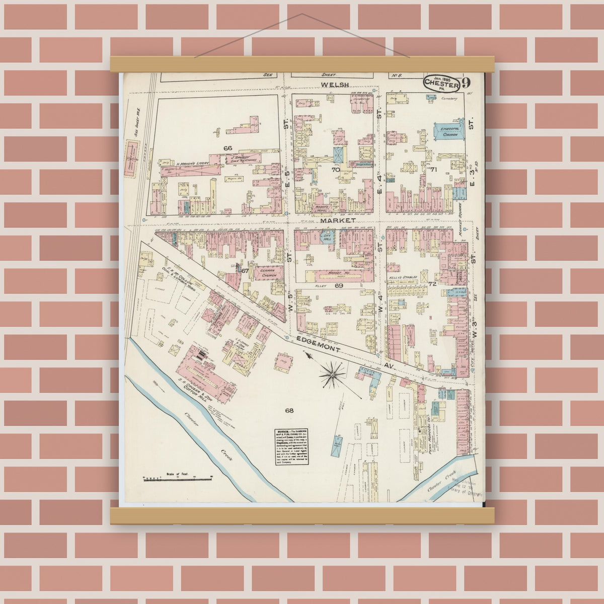 Old map wall art mockup — magnetic wood frame on brick wall — Sanborn Fire Insurance Map from Chester, Delaware County, Pennsylvania (1885), Sheet #0009