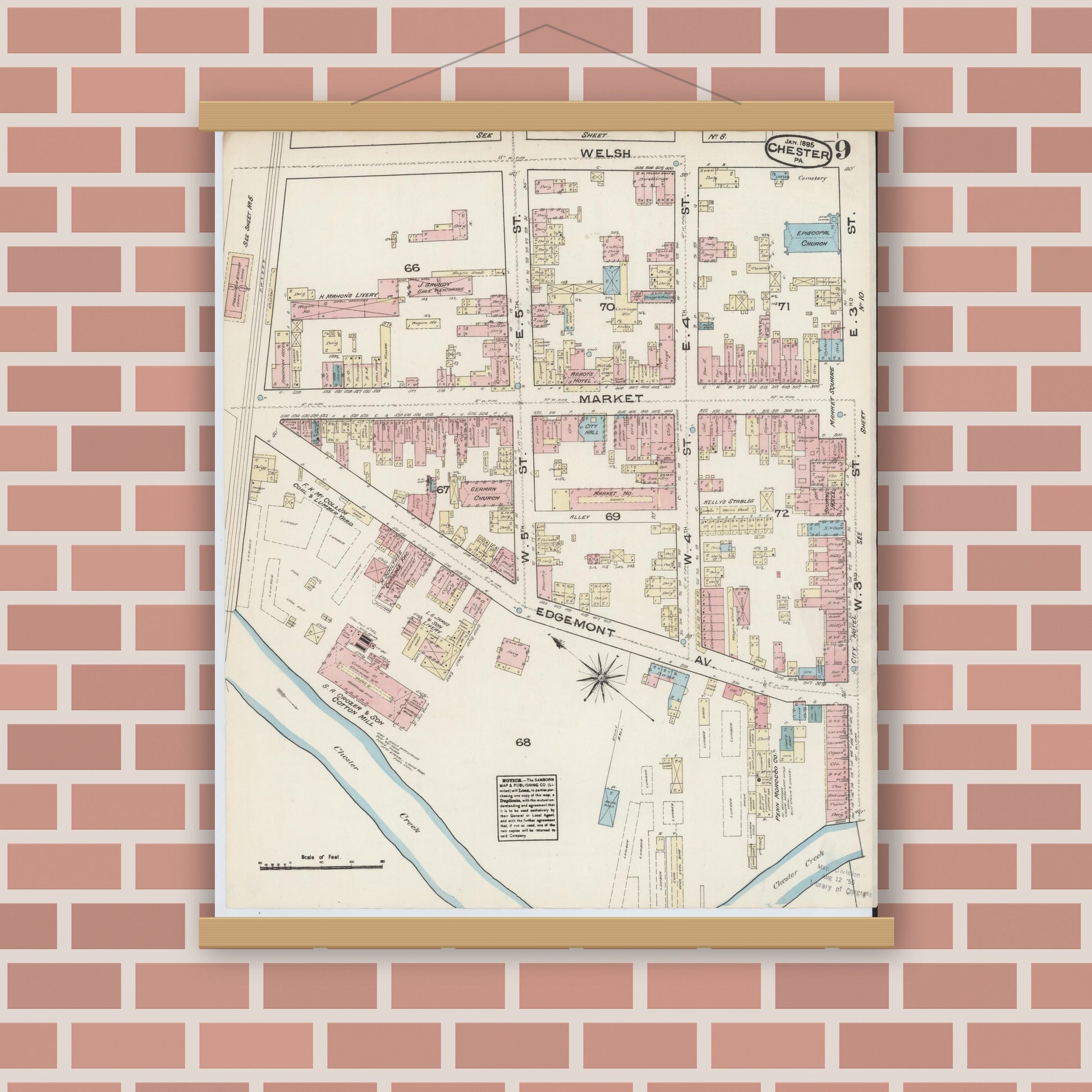 Old map wall art mockup — magnetic wood frame on brick wall — Sanborn Fire Insurance Map from Chester, Delaware County, Pennsylvania (1885), Sheet #0009
