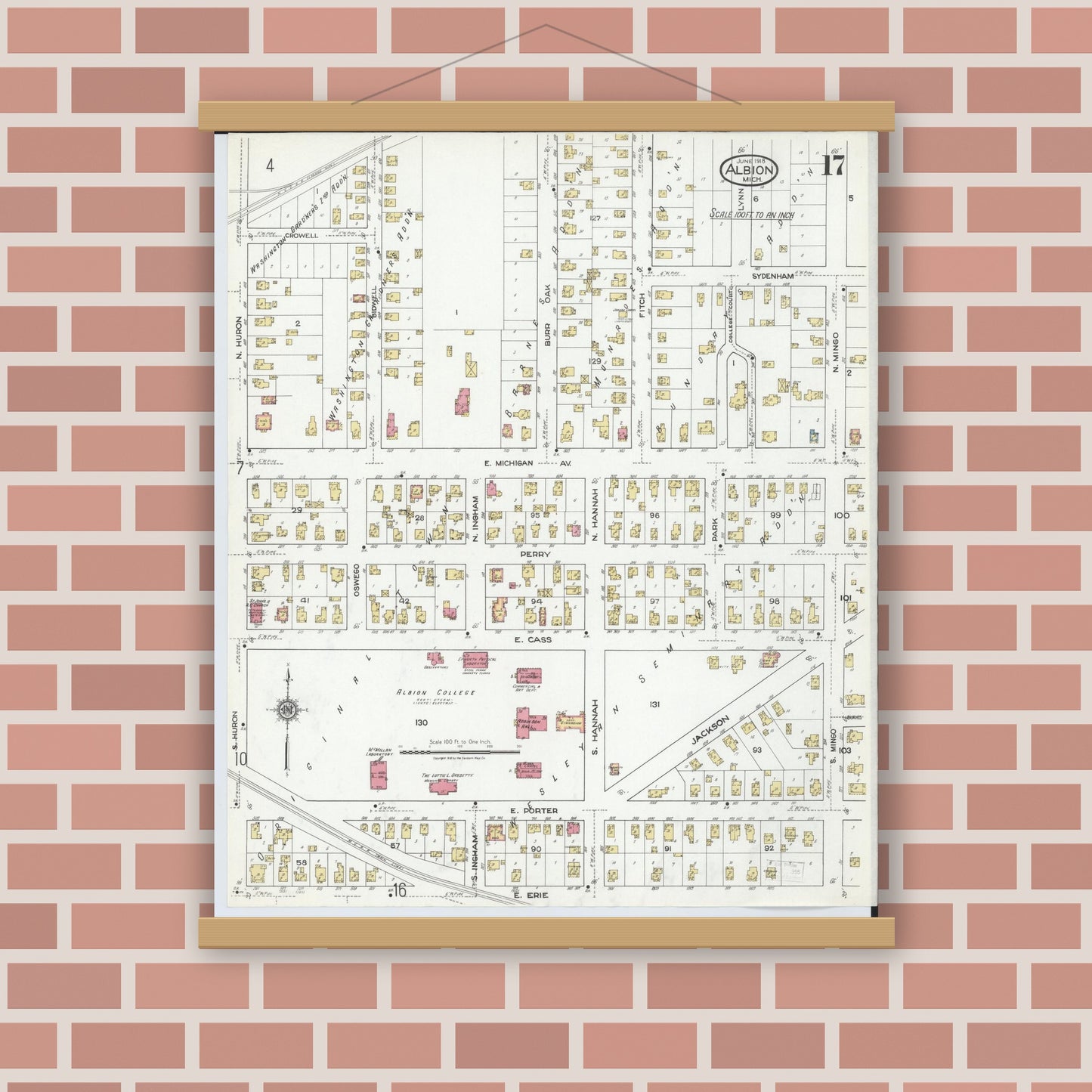 Old map wall art mockup — magnetic wood frame on brick wall — Sanborn Fire Insurance Map from Albion, Calhoun County, Michigan (1918), Sheet #0017