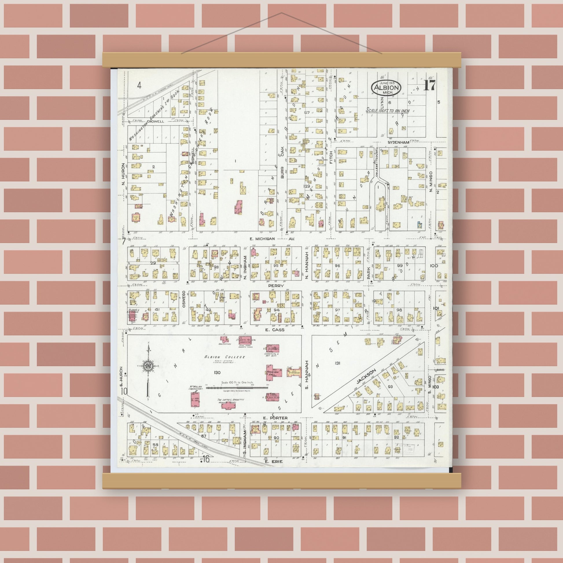 Old map wall art mockup — magnetic wood frame on brick wall — Sanborn Fire Insurance Map from Albion, Calhoun County, Michigan (1918), Sheet #0017