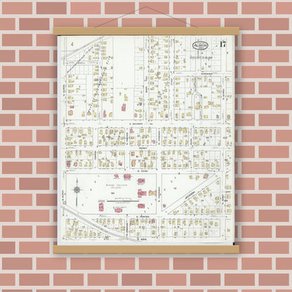 Old map wall art mockup — magnetic wood frame on brick wall — Sanborn Fire Insurance Map from Albion, Calhoun County, Michigan (1918), Sheet #0017