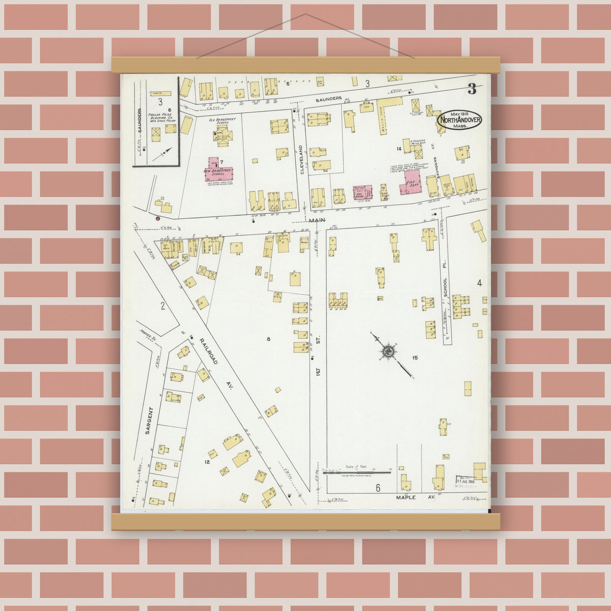 Old map wall art mockup — magnetic wood frame on brick wall — Sanborn Fire Insurance Map from North Andover, Essex County, Massachusetts (1919), Sheet #0003