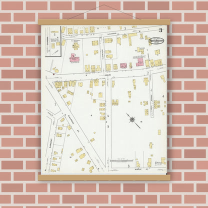 Old map wall art mockup — magnetic wood frame on brick wall — Sanborn Fire Insurance Map from North Andover, Essex County, Massachusetts (1919), Sheet #0003