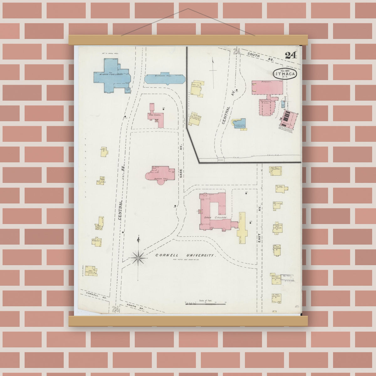 Old map wall art mockup — magnetic wood frame on brick wall — Sanborn Fire Insurance Map from Ithaca, Tompkins County, New York (1893), Sheet #0024