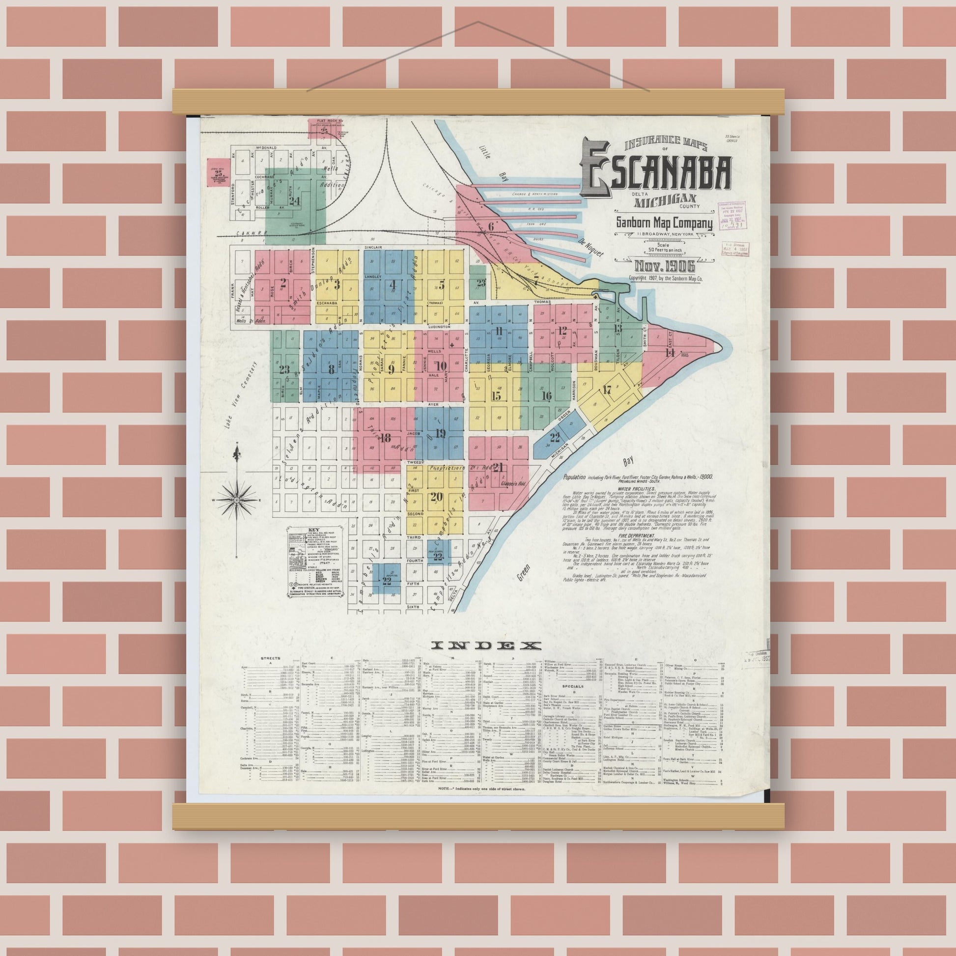 Old map wall art mockup — magnetic wood frame on brick wall — Sanborn Fire Insurance Map from Escanaba, Delta County, Michigan (1906) - Complete Map Set
