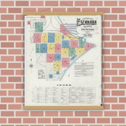 Old map wall art mockup — magnetic wood frame on brick wall — Sanborn Fire Insurance Map from Escanaba, Delta County, Michigan (1906) - Complete Map Set