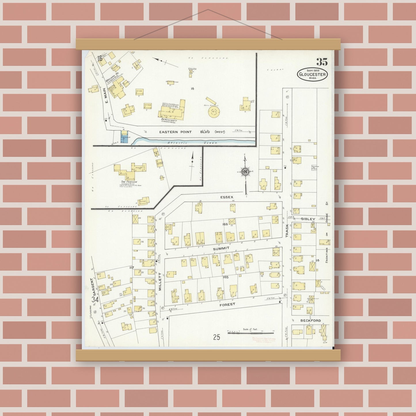 Old map wall art mockup — magnetic wood frame on brick wall — Sanborn Fire Insurance Map from Gloucester, Essex County, Massachusetts (1909), Sheet #0035