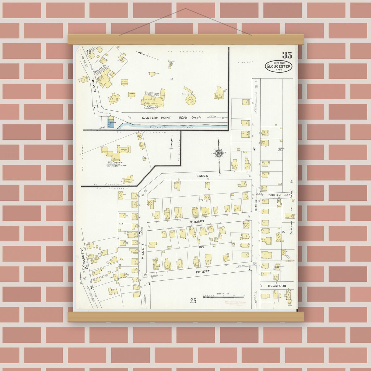 Old map wall art mockup — magnetic wood frame on brick wall — Sanborn Fire Insurance Map from Gloucester, Essex County, Massachusetts (1909), Sheet #0035