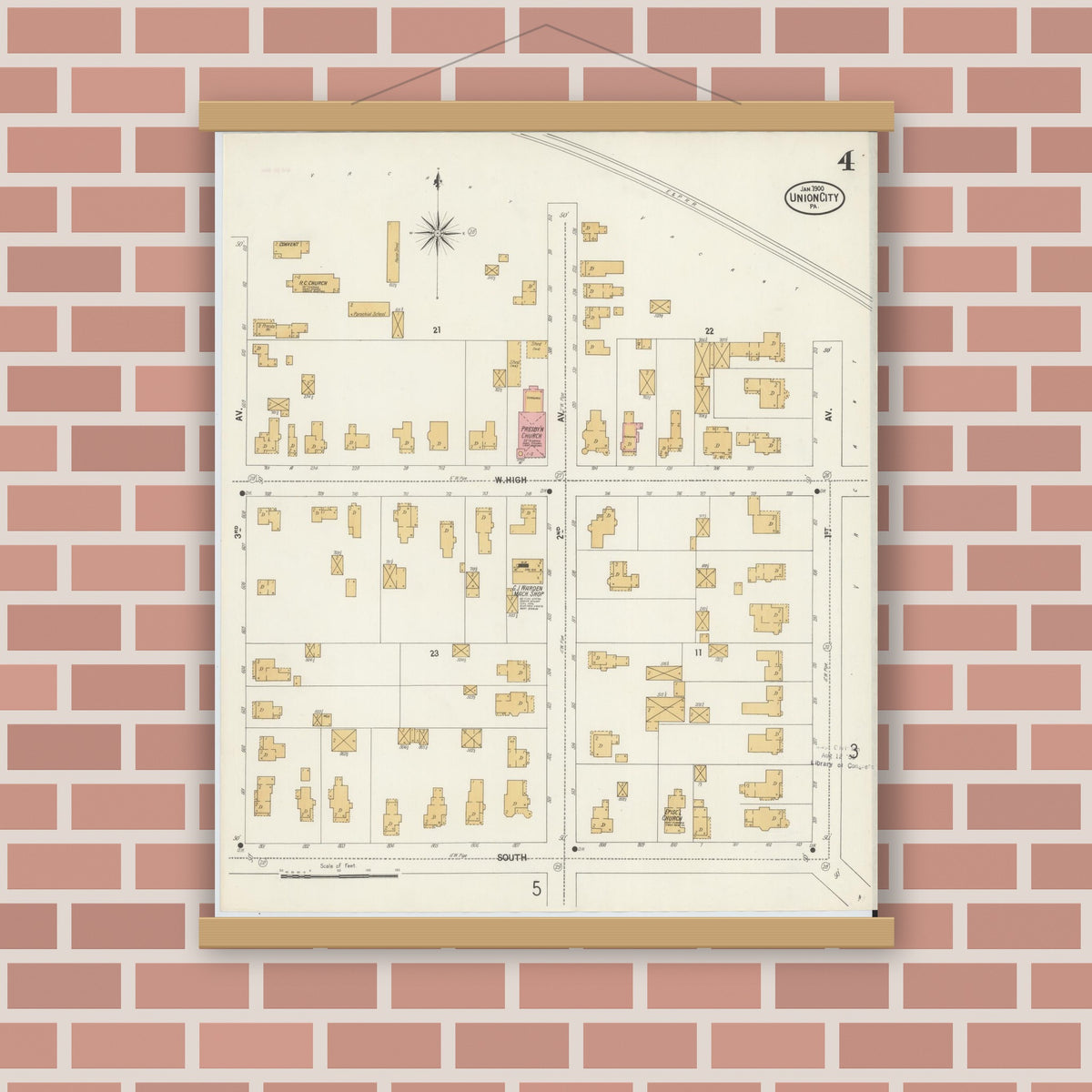 Old map wall art mockup — magnetic wood frame on brick wall — Sanborn Fire Insurance Map from Union City, Erie County, Pennsylvania (1900), Sheet #0004