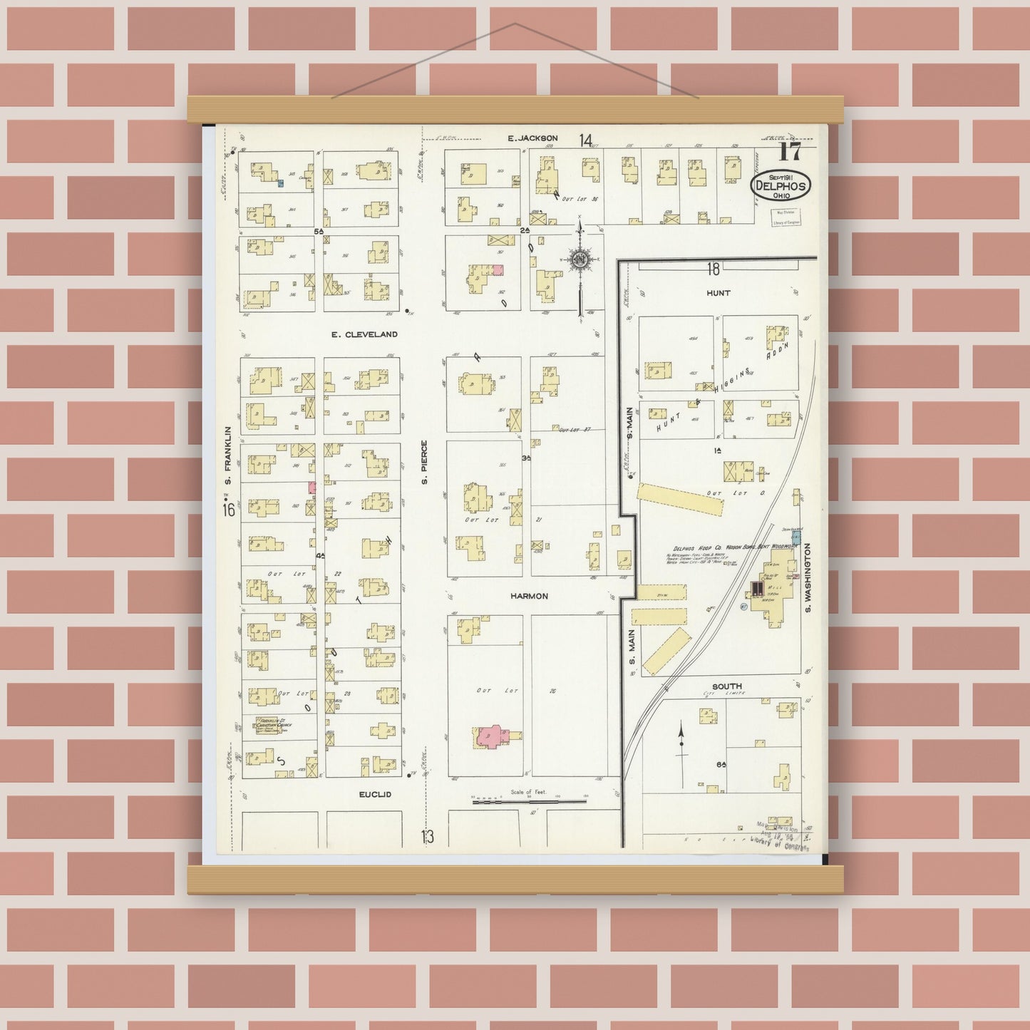 Old map wall art mockup — magnetic wood frame on brick wall — Sanborn Fire Insurance Map from Delphos, Van Wert And Allen Counties, Ohio (1911), Sheet #0017