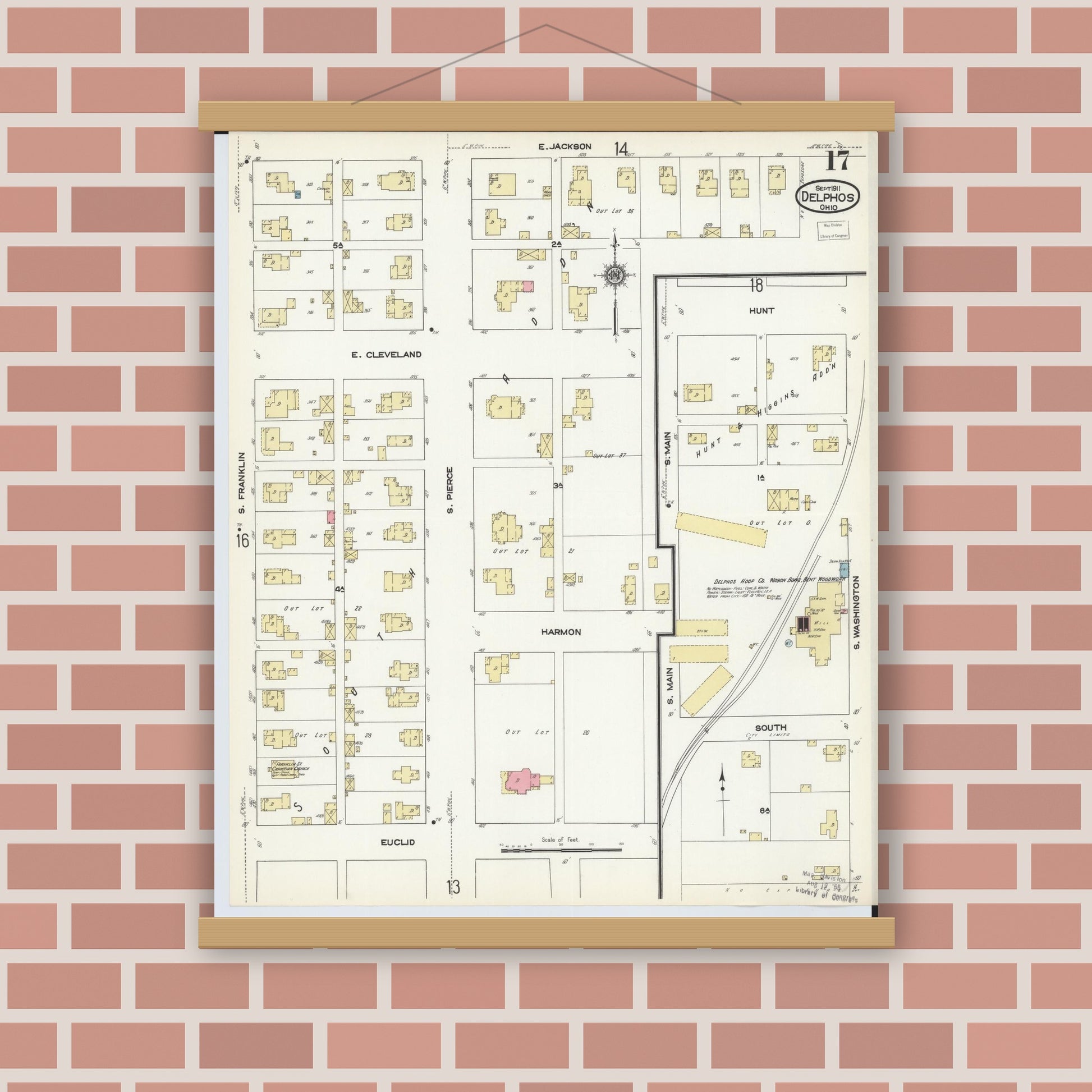 Old map wall art mockup — magnetic wood frame on brick wall — Sanborn Fire Insurance Map from Delphos, Van Wert And Allen Counties, Ohio (1911), Sheet #0017
