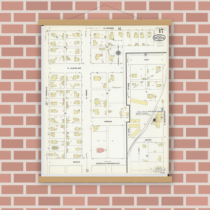 Old map wall art mockup — magnetic wood frame on brick wall — Sanborn Fire Insurance Map from Delphos, Van Wert And Allen Counties, Ohio (1911), Sheet #0017