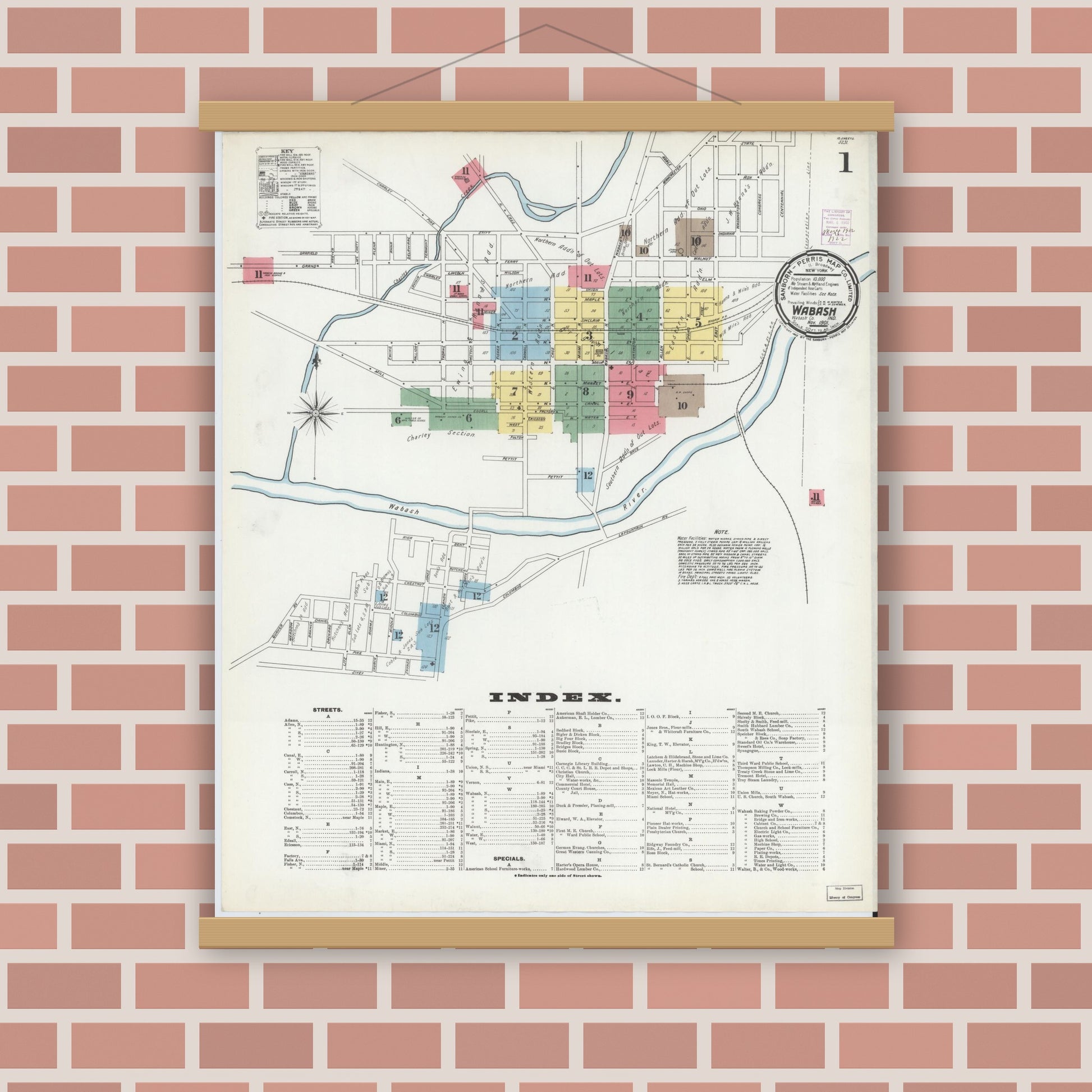 Old map wall art mockup — magnetic wood frame on brick wall — Sanborn Fire Insurance Map from Wabash, Wabash County, Indiana (1901) - Complete Map Set
