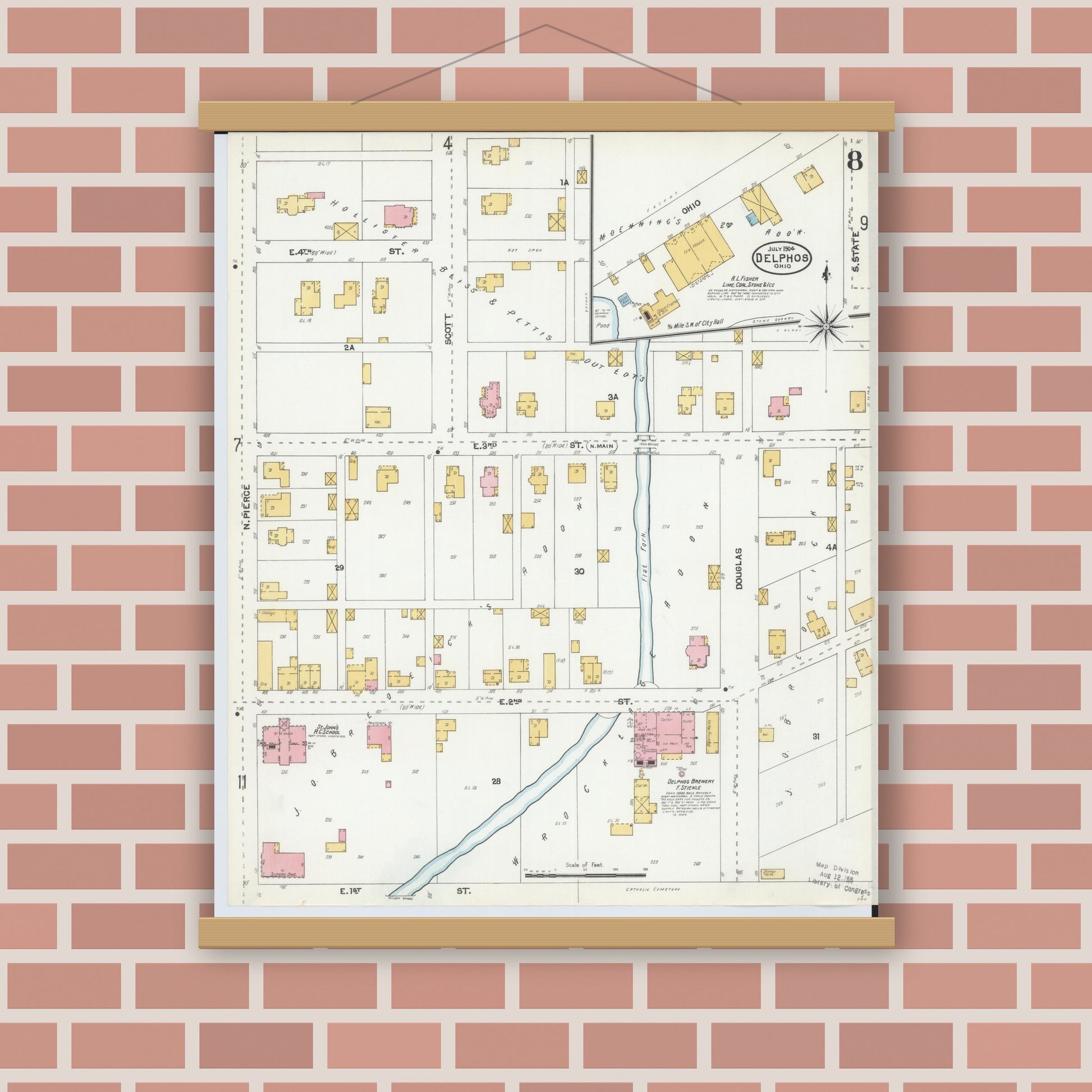 Old map wall art mockup — magnetic wood frame on brick wall — Sanborn Fire Insurance Map from Delphos, Van Wert And Allen Counties, Ohio (1904), Sheet #0008