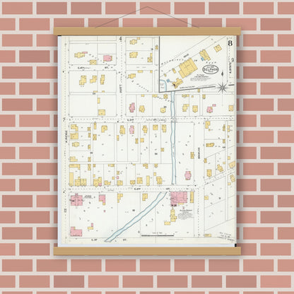 Old map wall art mockup — magnetic wood frame on brick wall — Sanborn Fire Insurance Map from Delphos, Van Wert And Allen Counties, Ohio (1904), Sheet #0008