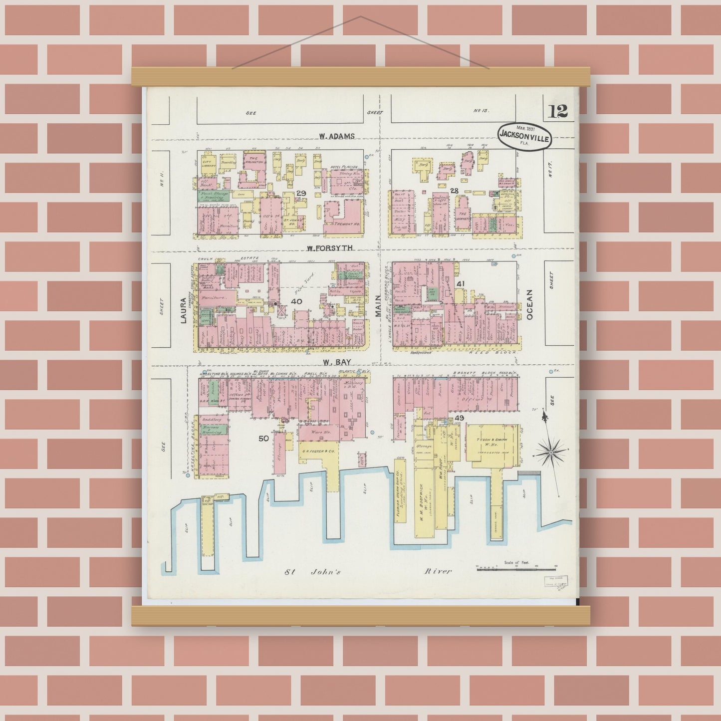 Old map wall art mockup — magnetic wood frame on brick wall — Sanborn Fire Insurance Map from Jacksonville, Duval County, Florida (1891), Sheet #0012