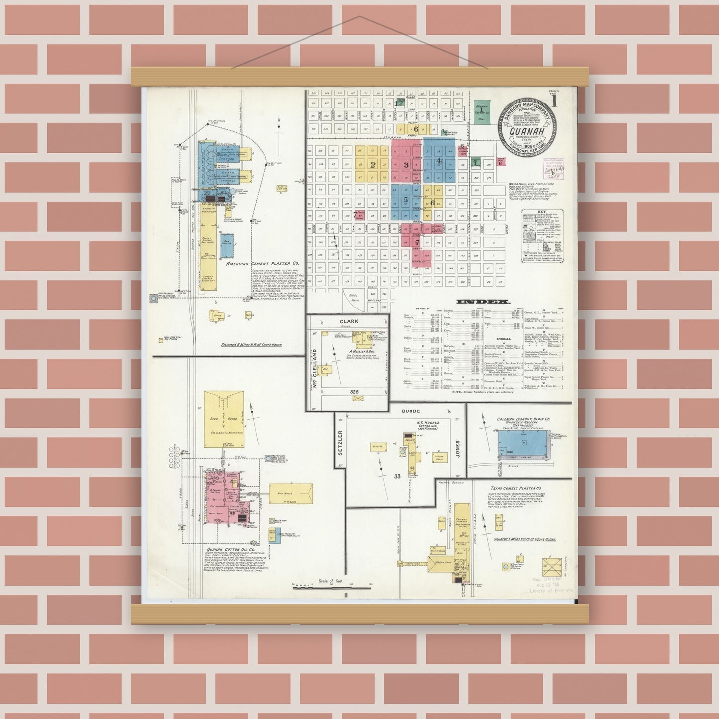 Old map wall art mockup — magnetic wood frame on brick wall — Sanborn Fire Insurance Map from Quanah, Hardeman County, Texas (1908), Sheet #0001