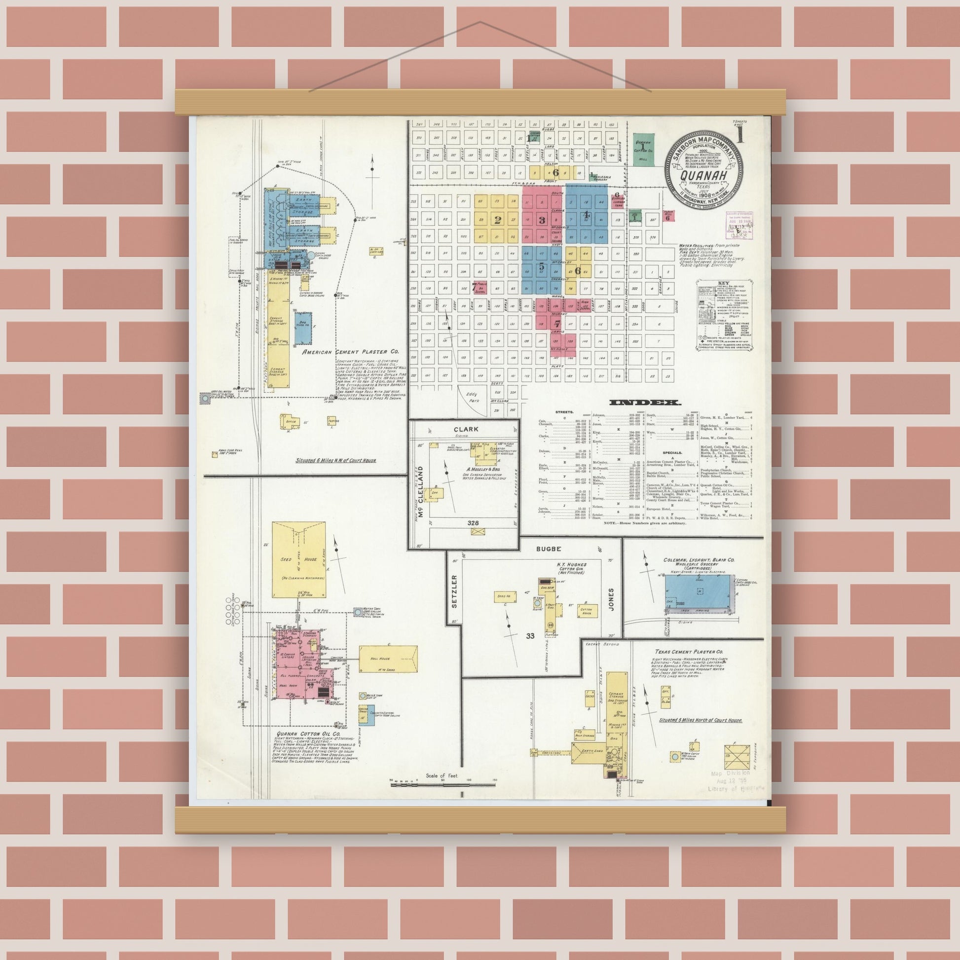 Old map wall art mockup — magnetic wood frame on brick wall — Sanborn Fire Insurance Map from Quanah, Hardeman County, Texas (1908), Sheet #0001
