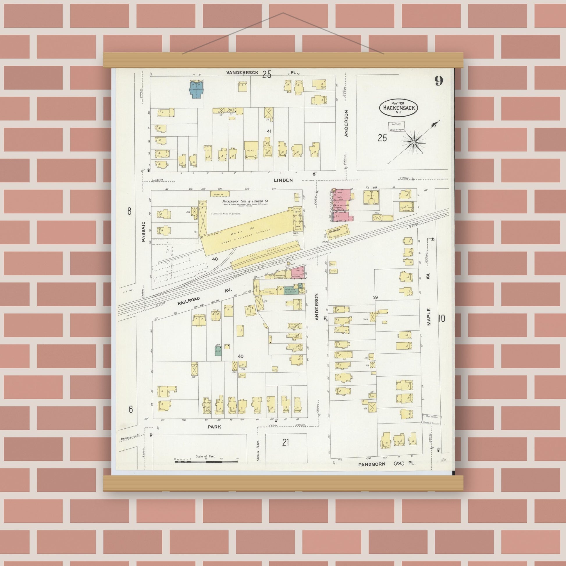 Old map wall art mockup — magnetic wood frame on brick wall — Sanborn Fire Insurance Map from Hackensack, Bergen County, New Jersey (1908), Sheet #0009