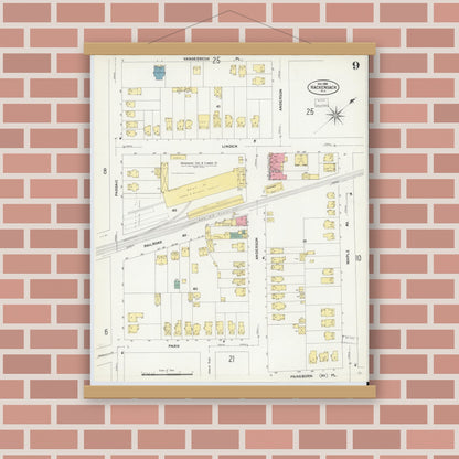 Old map wall art mockup — magnetic wood frame on brick wall — Sanborn Fire Insurance Map from Hackensack, Bergen County, New Jersey (1908), Sheet #0009