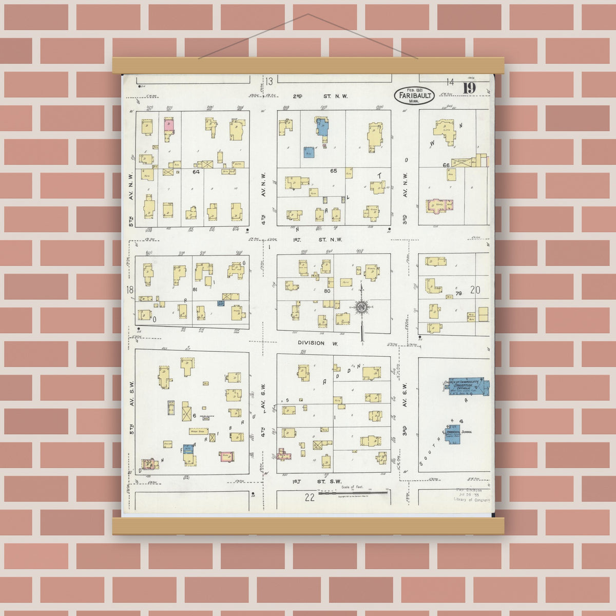 Old map wall art mockup — magnetic wood frame on brick wall — Sanborn Fire Insurance Map from Faribault, Rice County, Minnesota (1921), Sheet #0019