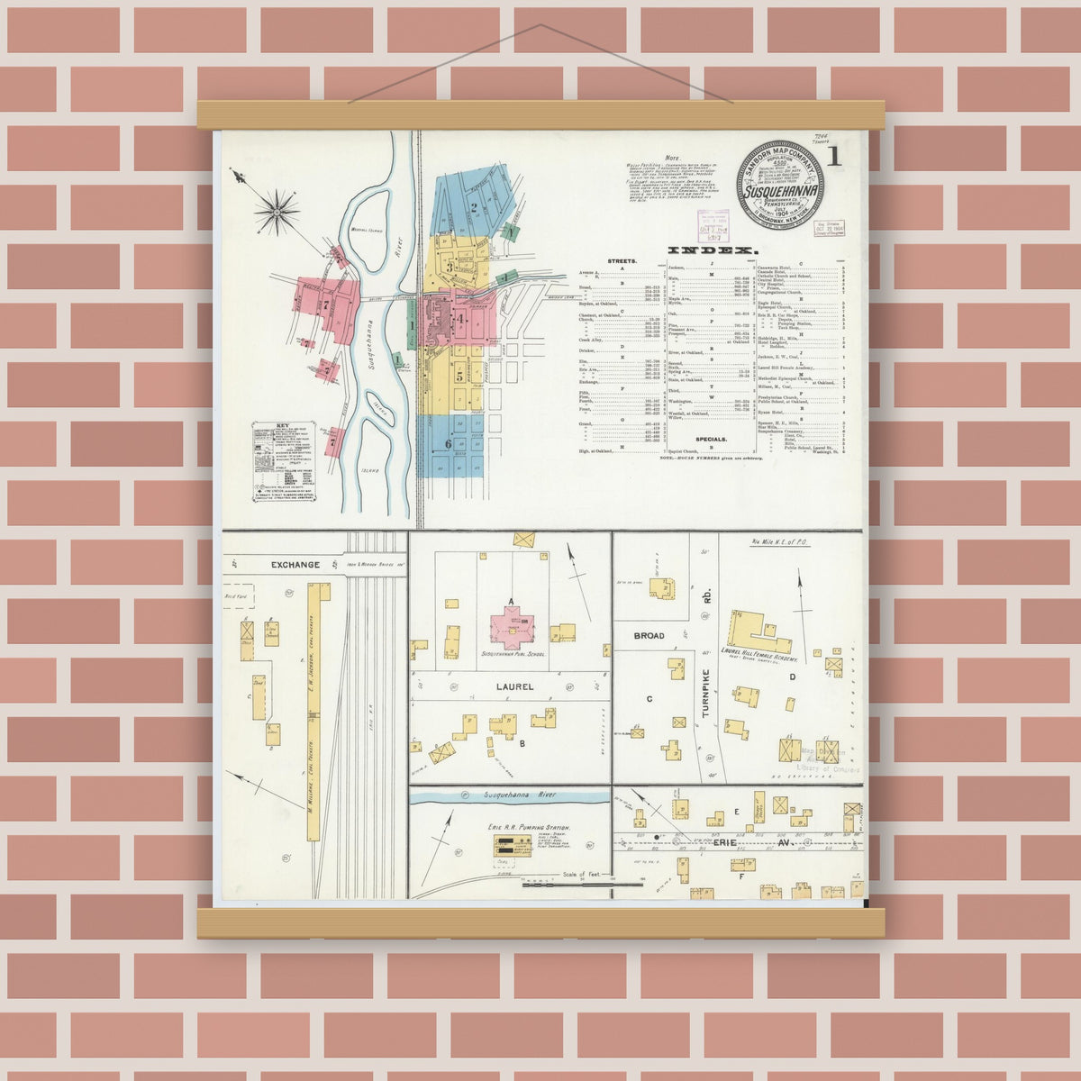 Old map wall art mockup — magnetic wood frame on brick wall — Sanborn Fire Insurance Map from Susquehanna, Susquehanna County, Pennsylvania (1904) - Complete Map Set