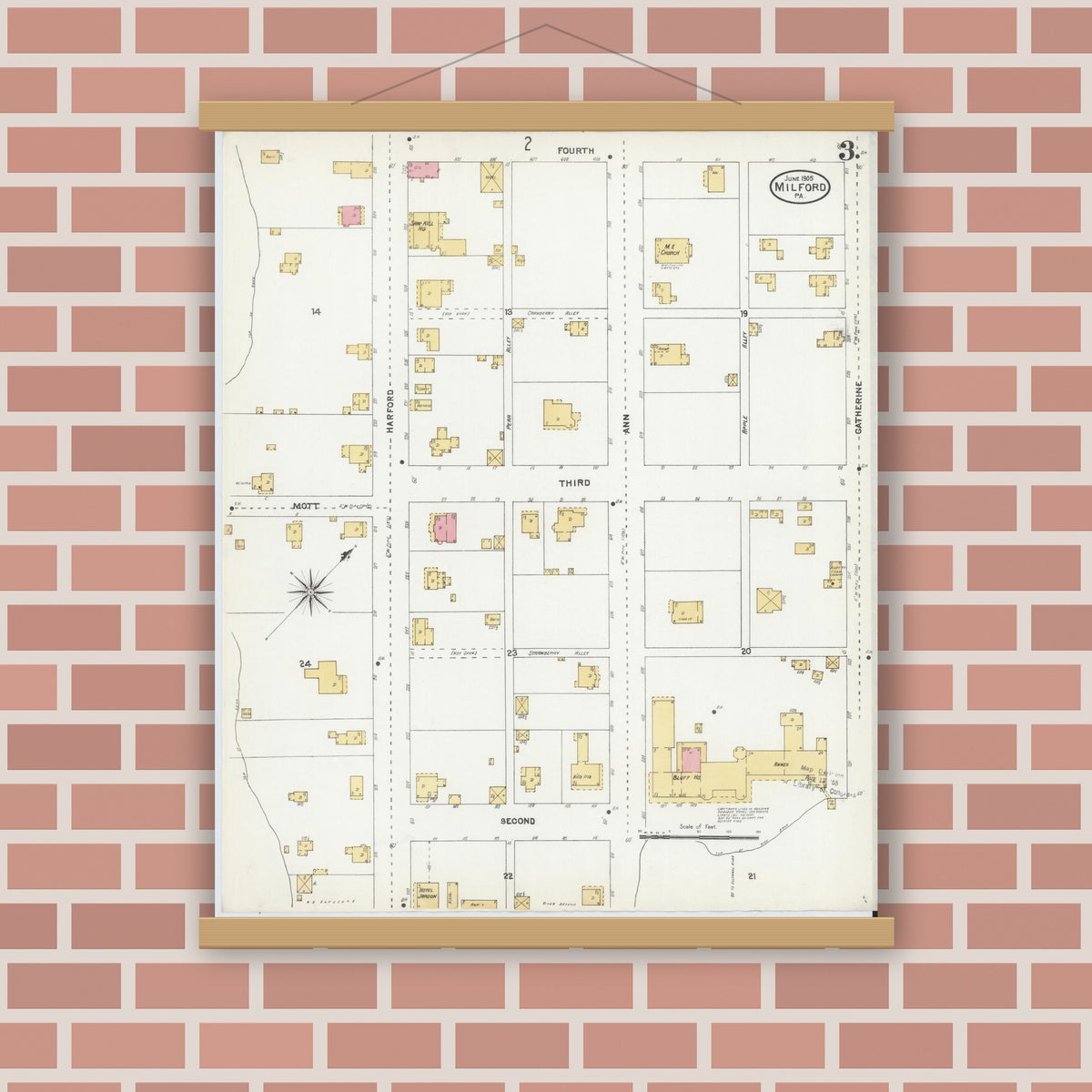 Old map wall art mockup — magnetic wood frame on brick wall — Sanborn Fire Insurance Map from Milford, Pike County, Pennsylvania (1905), Sheet #0003