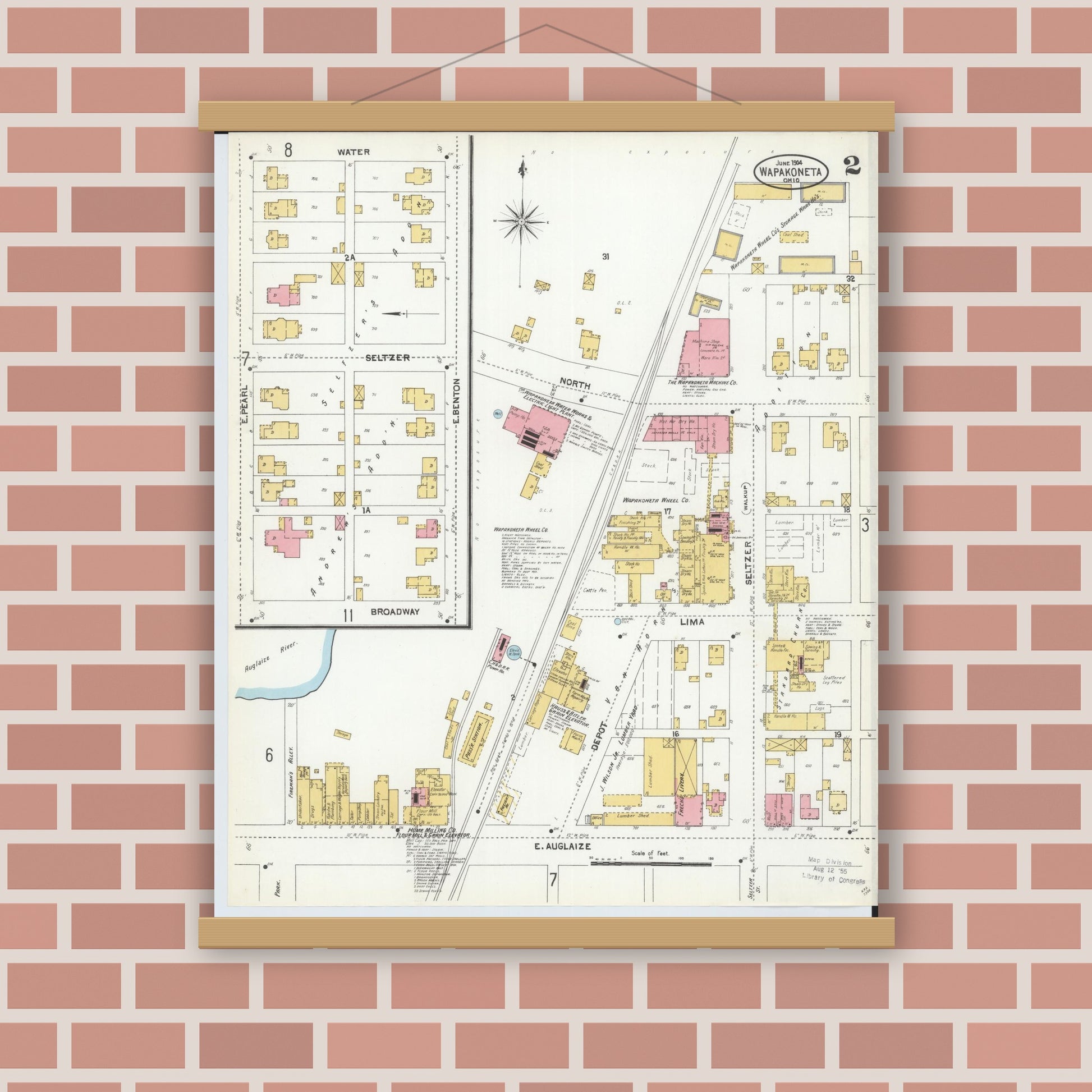 Old map wall art mockup — magnetic wood frame on brick wall — Sanborn Fire Insurance Map from Wapakoneta, Auglaize County, Ohio (1904), Sheet #0002