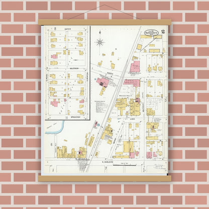 Old map wall art mockup — magnetic wood frame on brick wall — Sanborn Fire Insurance Map from Wapakoneta, Auglaize County, Ohio (1904), Sheet #0002