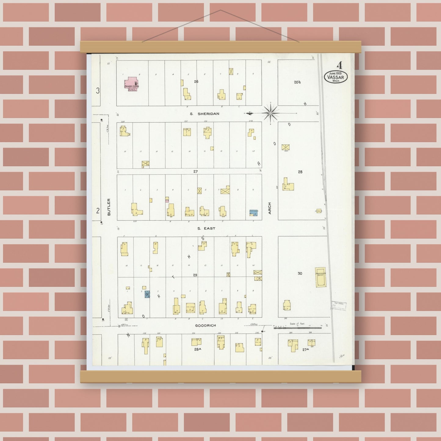 Old map wall art mockup — magnetic wood frame on brick wall — Sanborn Fire Insurance Map from Vassar, Tuscola County, Michigan (1909), Sheet #0004