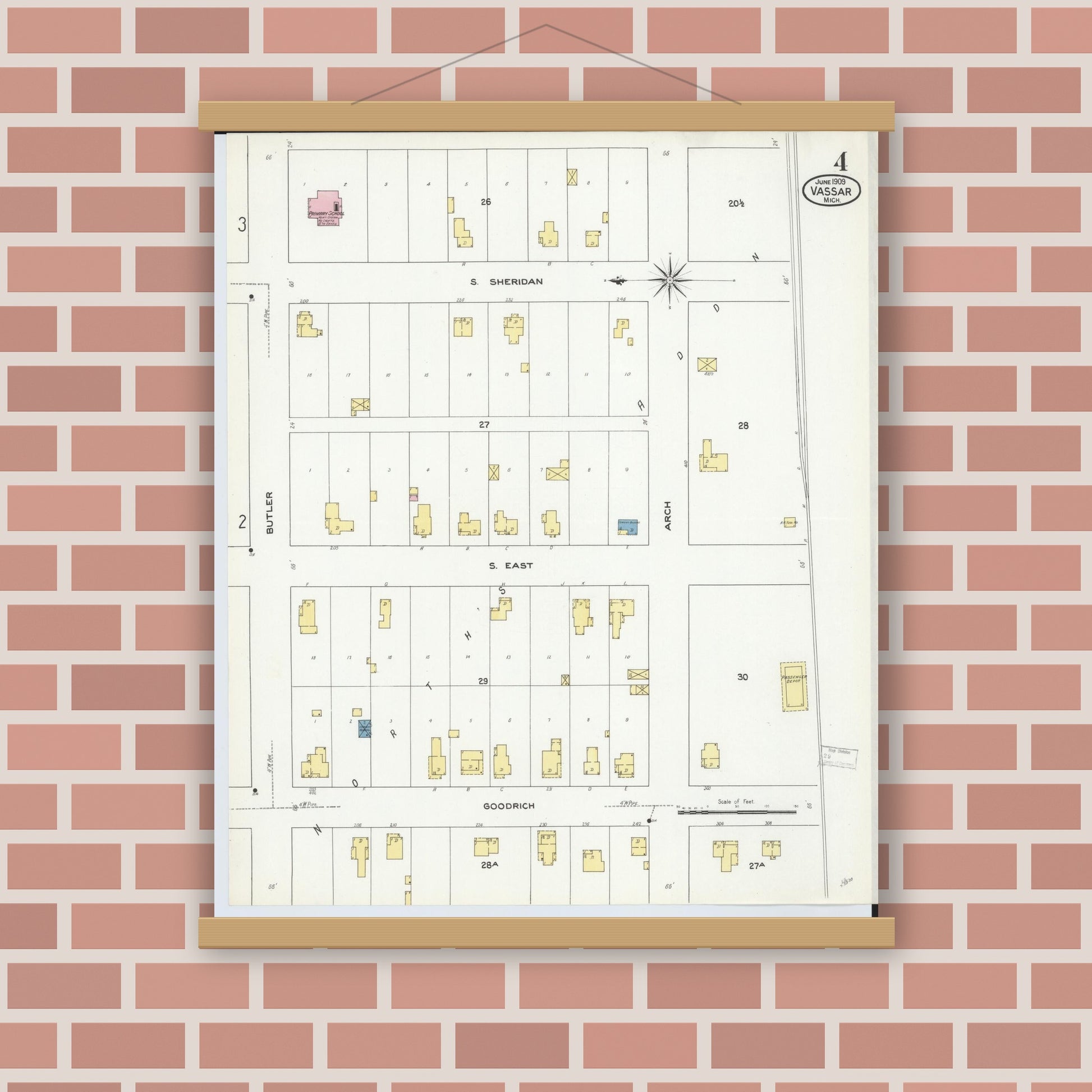 Old map wall art mockup — magnetic wood frame on brick wall — Sanborn Fire Insurance Map from Vassar, Tuscola County, Michigan (1909), Sheet #0004