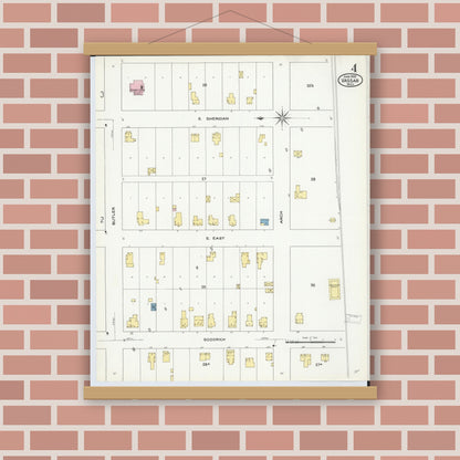 Old map wall art mockup — magnetic wood frame on brick wall — Sanborn Fire Insurance Map from Vassar, Tuscola County, Michigan (1909), Sheet #0004