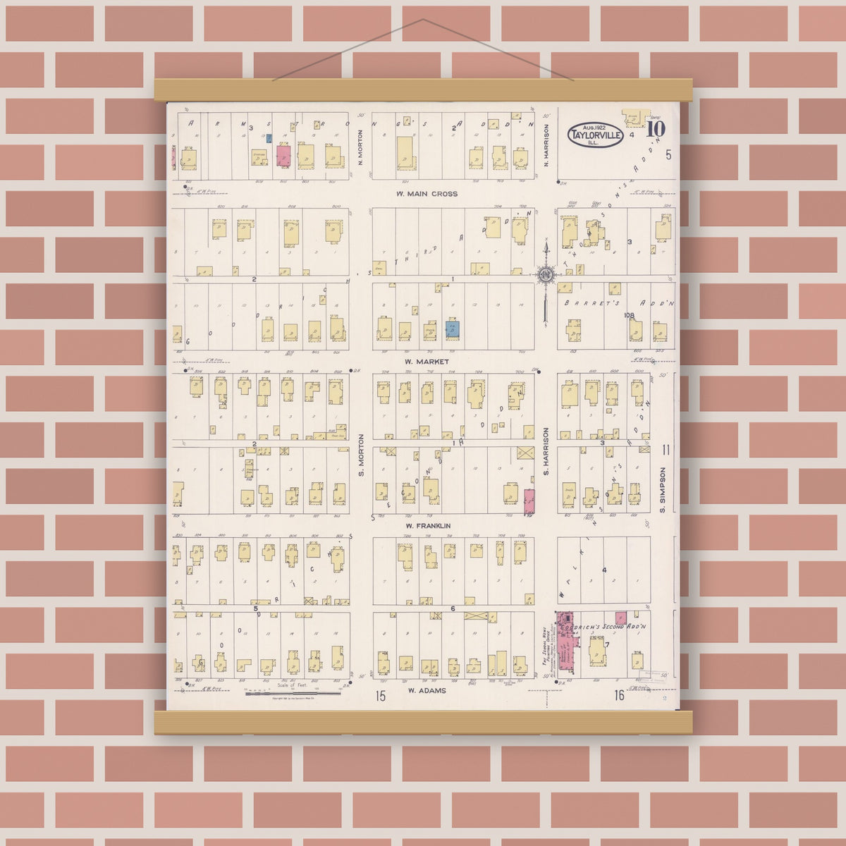 Old map wall art mockup — magnetic wood frame on brick wall — Sanborn Fire Insurance Map from Taylorville, Christian County, Illinois (1922), Sheet #0010