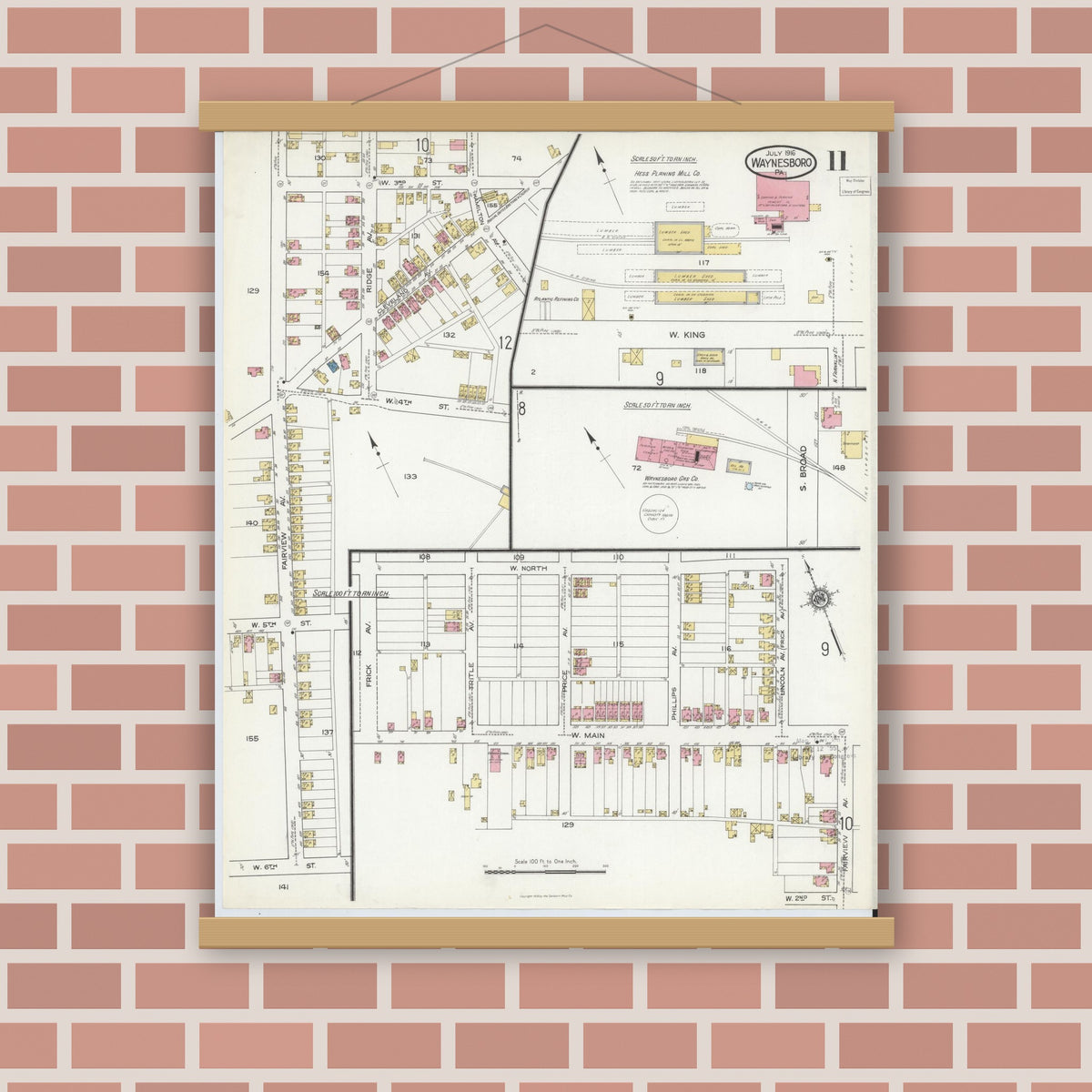 Old map wall art mockup — magnetic wood frame on brick wall — Sanborn Fire Insurance Map from Waynesboro, Franklin County, Pennsylvania (1916), Sheet #0011