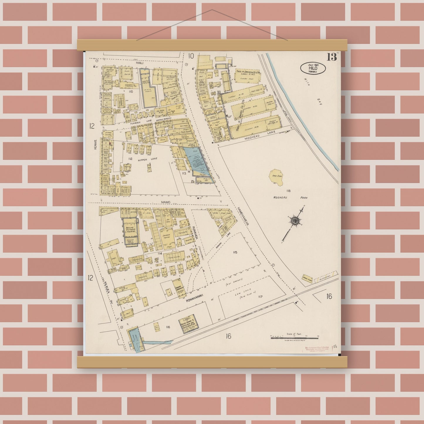 Old map wall art mockup — magnetic wood frame on brick wall — Sanborn Fire Insurance Map from Hilo, Hawaii County, Hawaii (1921), Sheet #0013