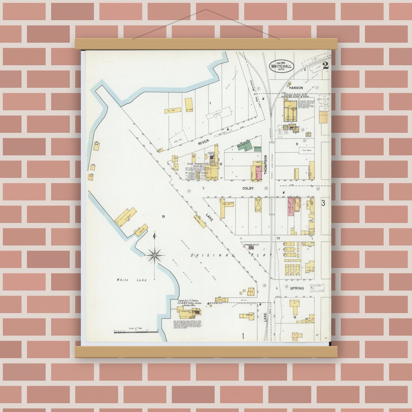 Old map wall art mockup — magnetic wood frame on brick wall — Sanborn Fire Insurance Map from Whitehall, Muskegon County, Michigan (1902), Sheet #0002