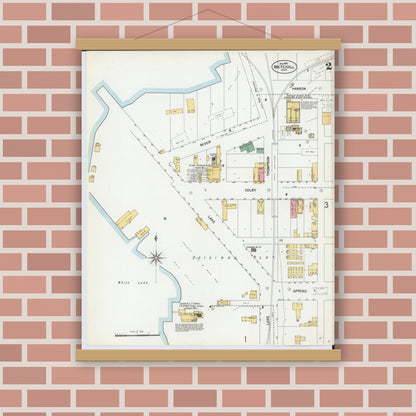 Old map wall art mockup — magnetic wood frame on brick wall — Sanborn Fire Insurance Map from Whitehall, Muskegon County, Michigan (1902), Sheet #0002