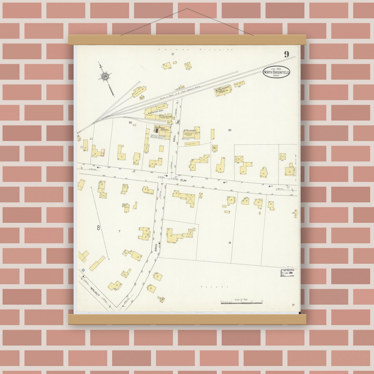 Old map wall art mockup — magnetic wood frame on brick wall — Sanborn Fire Insurance Map from North Brookfield, Worcester County, Massachusetts (1913), Sheet #0009
