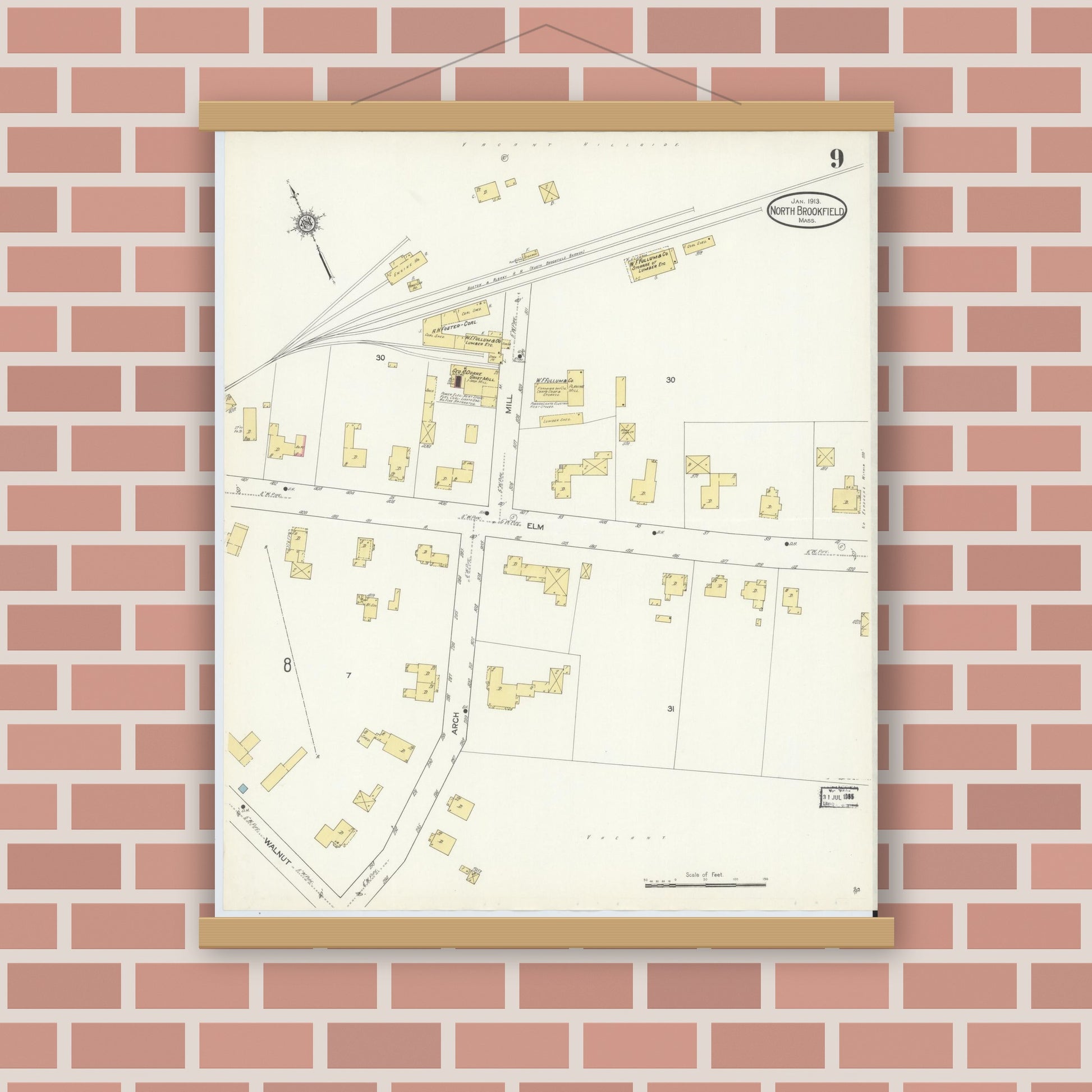 Old map wall art mockup — magnetic wood frame on brick wall — Sanborn Fire Insurance Map from North Brookfield, Worcester County, Massachusetts (1913), Sheet #0009
