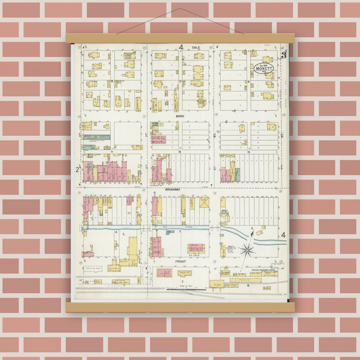 Old map wall art mockup — magnetic wood frame on brick wall — Sanborn Fire Insurance Map from Monett, Barry County, Missouri (1902), Sheet #0003