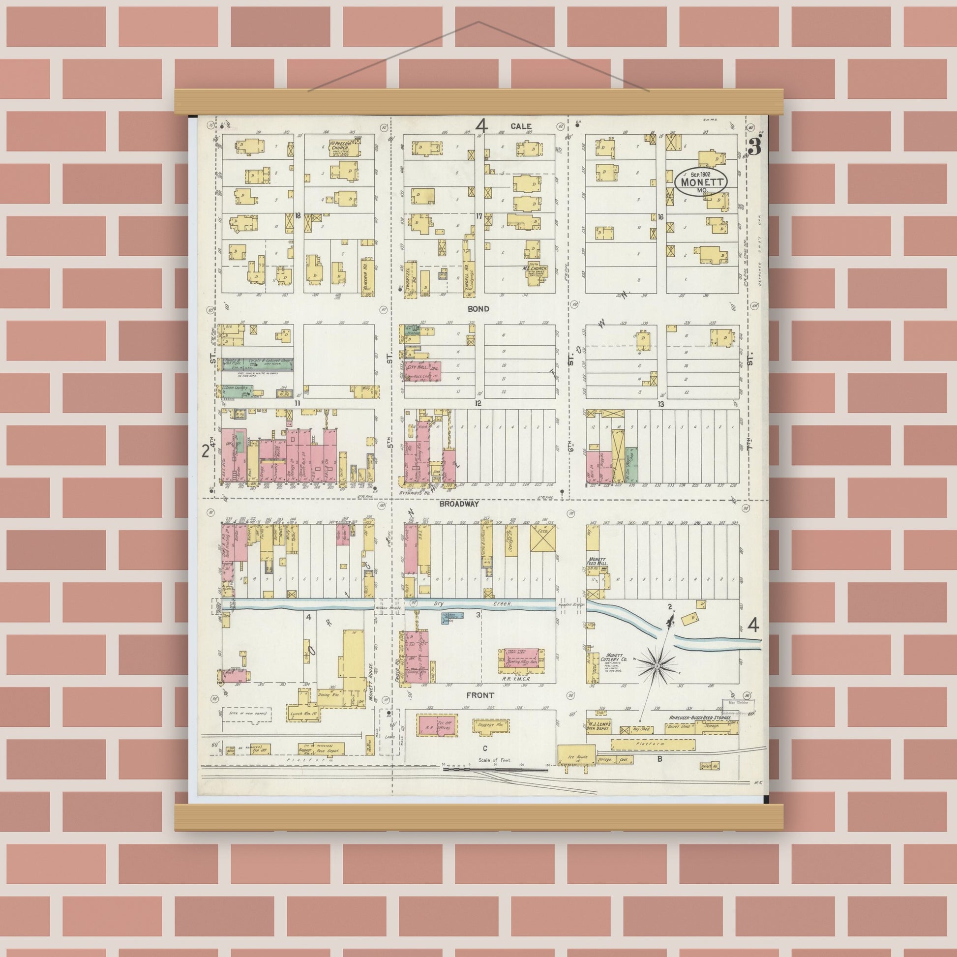 Old map wall art mockup — magnetic wood frame on brick wall — Sanborn Fire Insurance Map from Monett, Barry County, Missouri (1902), Sheet #0003