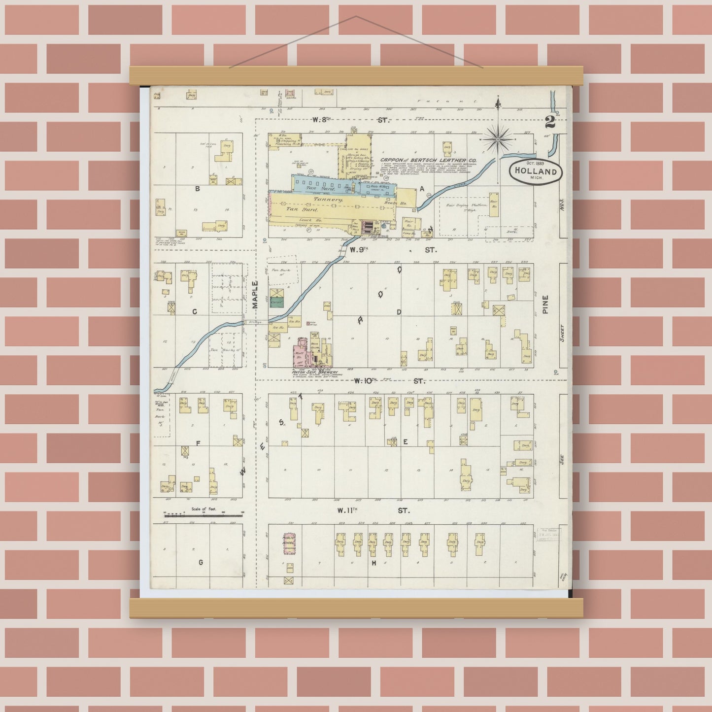 Old map wall art mockup — magnetic wood frame on brick wall — Sanborn Fire Insurance Map from Holland, Ottawa County, Michigan (1889), Sheet #0002