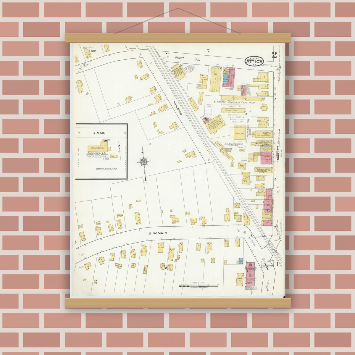 Old map wall art mockup — magnetic wood frame on brick wall — Sanborn Fire Insurance Map from Attica, Wyoming County, New York (1917), Sheet #0002