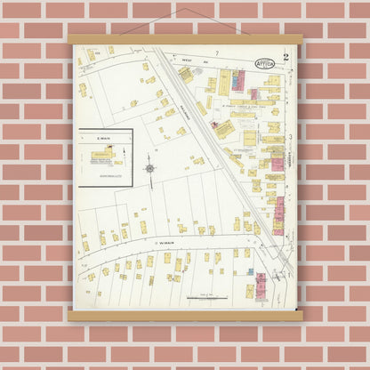 Old map wall art mockup — magnetic wood frame on brick wall — Sanborn Fire Insurance Map from Attica, Wyoming County, New York (1917), Sheet #0002